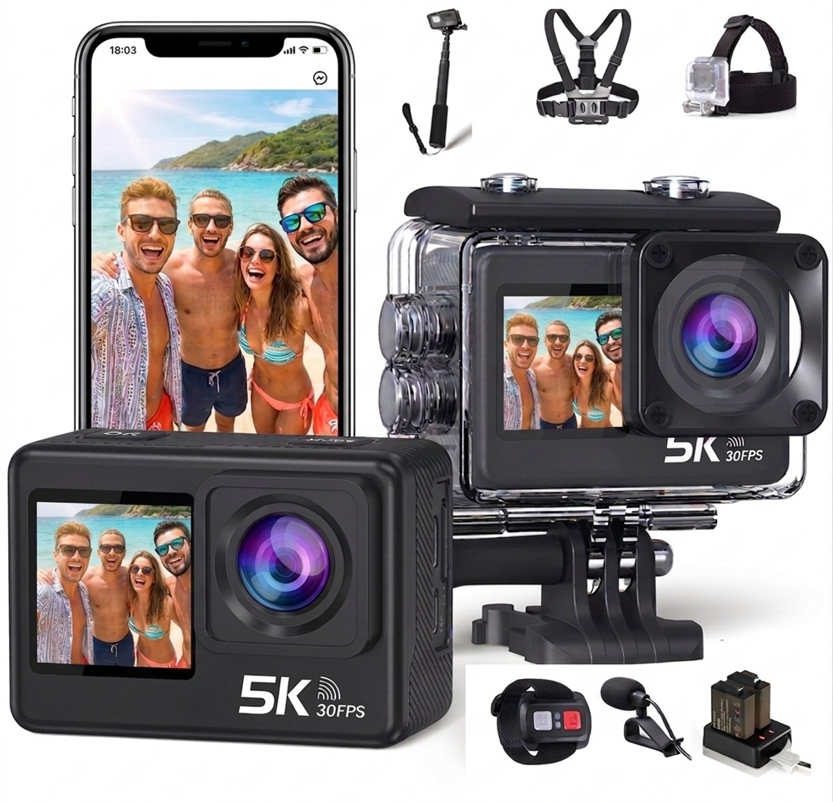 JC's - Action Camera 5K - Touchscreen - Borstband - Selfie stick - Hoofdband - Dual lader - Afstandbediening - Externe microfoon - EIS Stabilisatie - Action Camera's - Vlog camera - Actie Camera