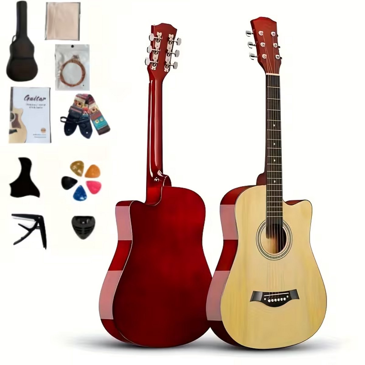 Akoestische Gitaar 96 cm Set – Beginners Gitaar Khaki met Accessoires en Gitaar Tas