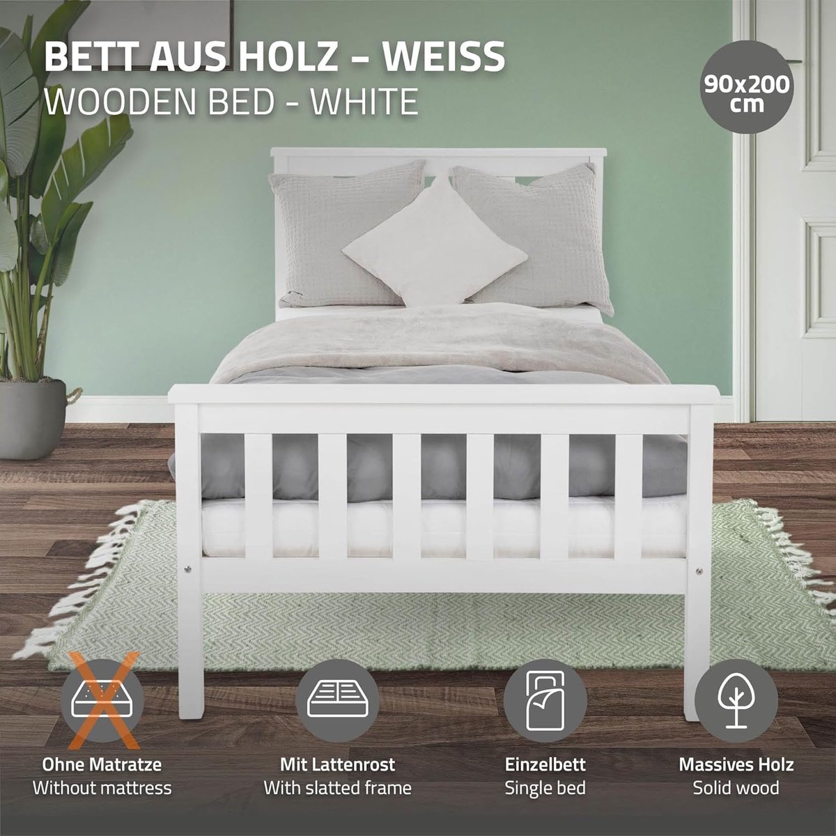 Eenpersoonsbed 90x200 cm - Massief Grenen Houten Bed Wit - Ledikant met Lattenbodem, Hoofdbord & Voetbord, Opbergruimte Onder Bed, Kinderbed & Volwassen Bedframe - Laura