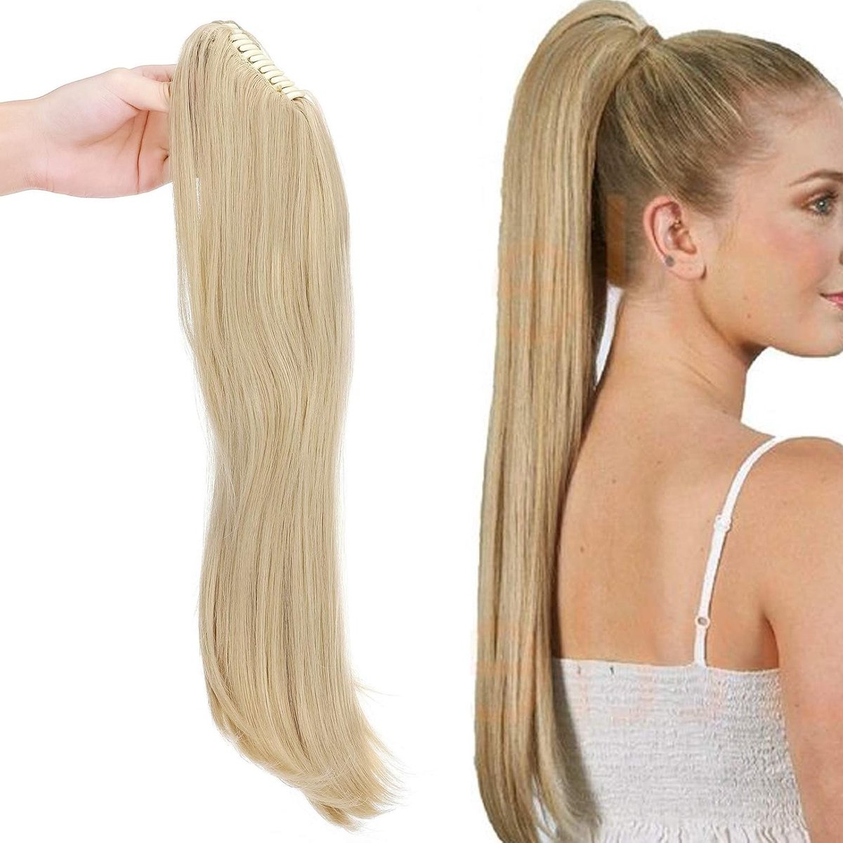Ponytail Extension met Clip en Vlecht, Hittebestendig Micro-Golvend Haarstuk van 55 cm in Donkerblond en Bleach Blond Mix