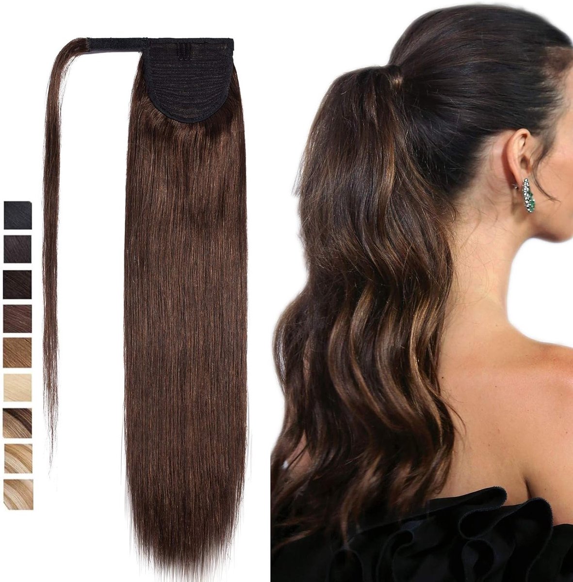 Ponytail Extension van 18 inch, 100% Echte Remy Haar, Clip-In Haarstuk voor Vrouwen, Recht, Medium Bruin, Natuurlijk Uiterlijk en Gemakkelijk te Gebruiken (90g)