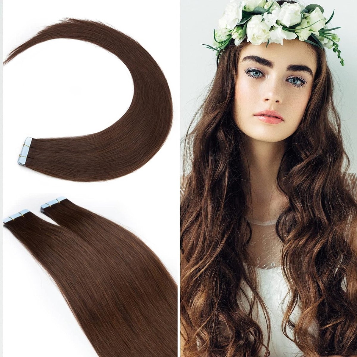 Tape Extensions Haarverlängering 10 Tressen 20g - 100% Remy Echthaar - Glatt Mittelbruin#4 12" (30cm) - ShopVlot