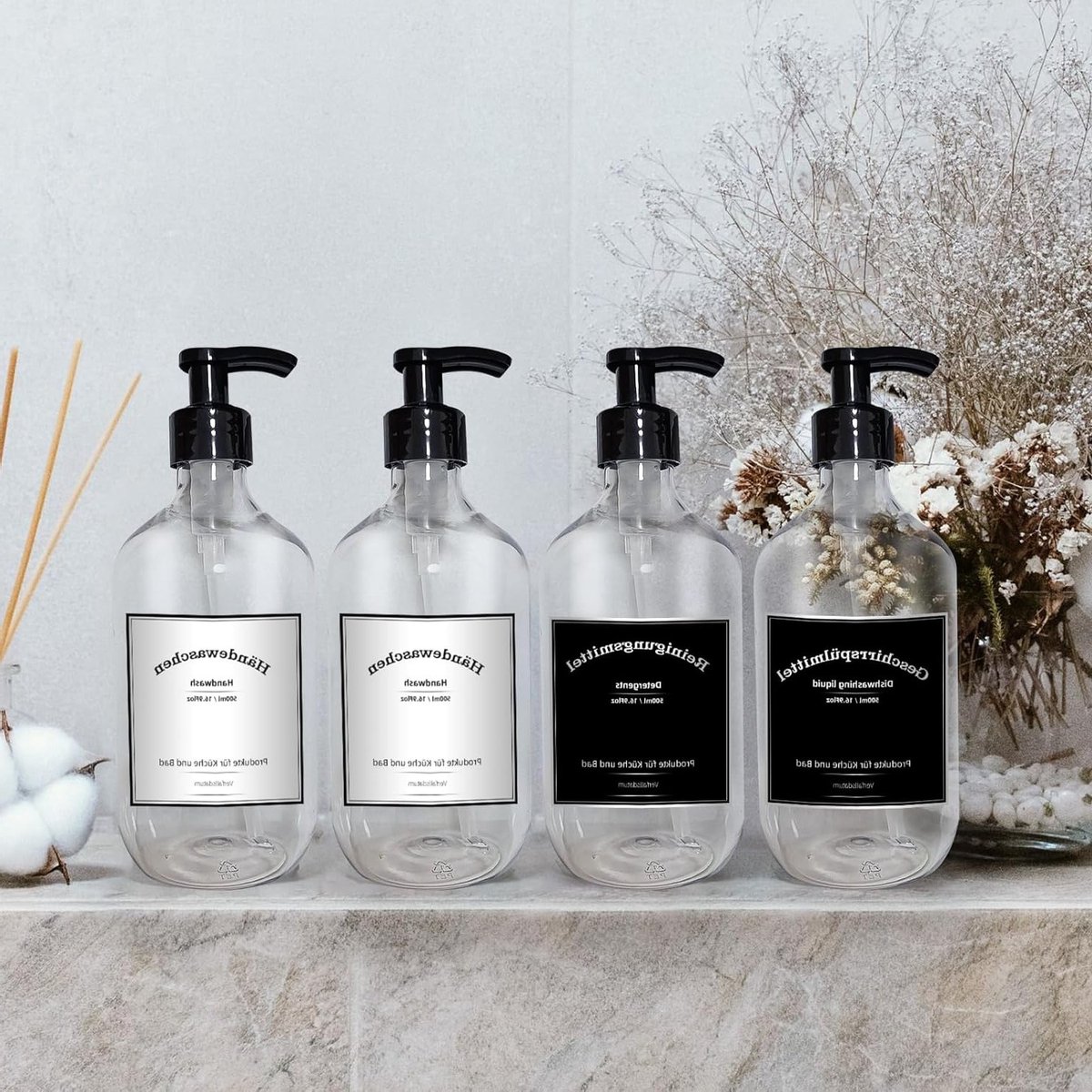 Set van 4 Transparante Zeepdispensers van 300ml met Labels voor Badkamer en Keuken, Ideaal voor Handzeep en Shampoo