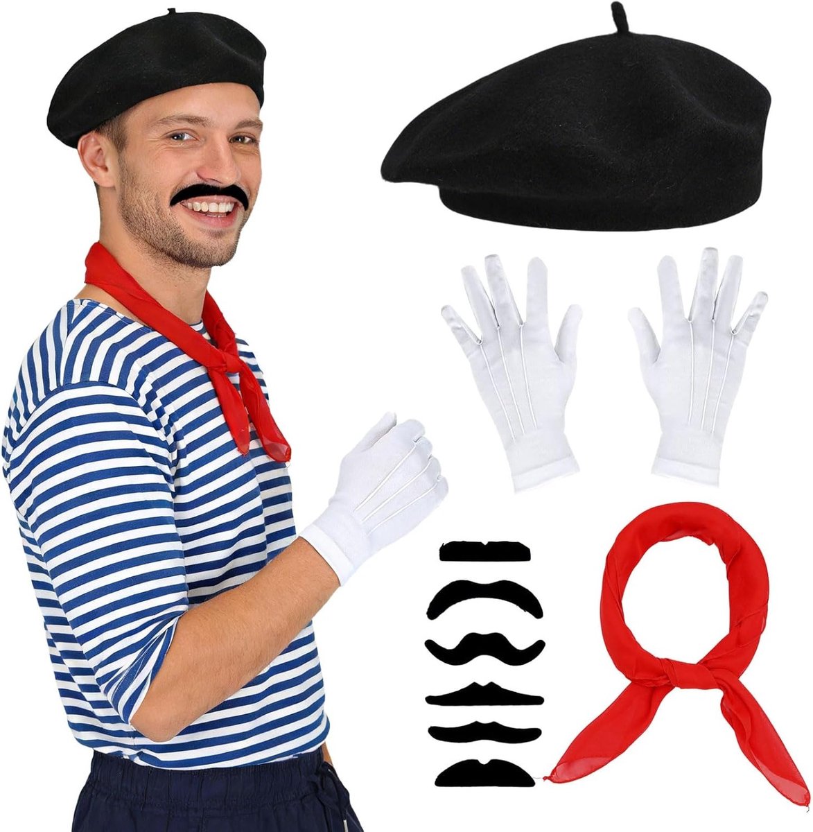 9-delige Franse kostuumset voor volwassenen en unisex met accessoires voor cosplay en feest, inclusief schmink en hoed
