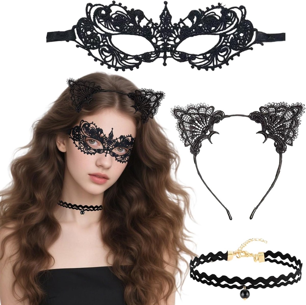 Set van 3 Haarbanden met Kattenoren, Oogmasker en Ketting voor Vrouwen - Zwarte Kanten Kattenkostuum voor Carnaval en Halloween Feestaccessoires