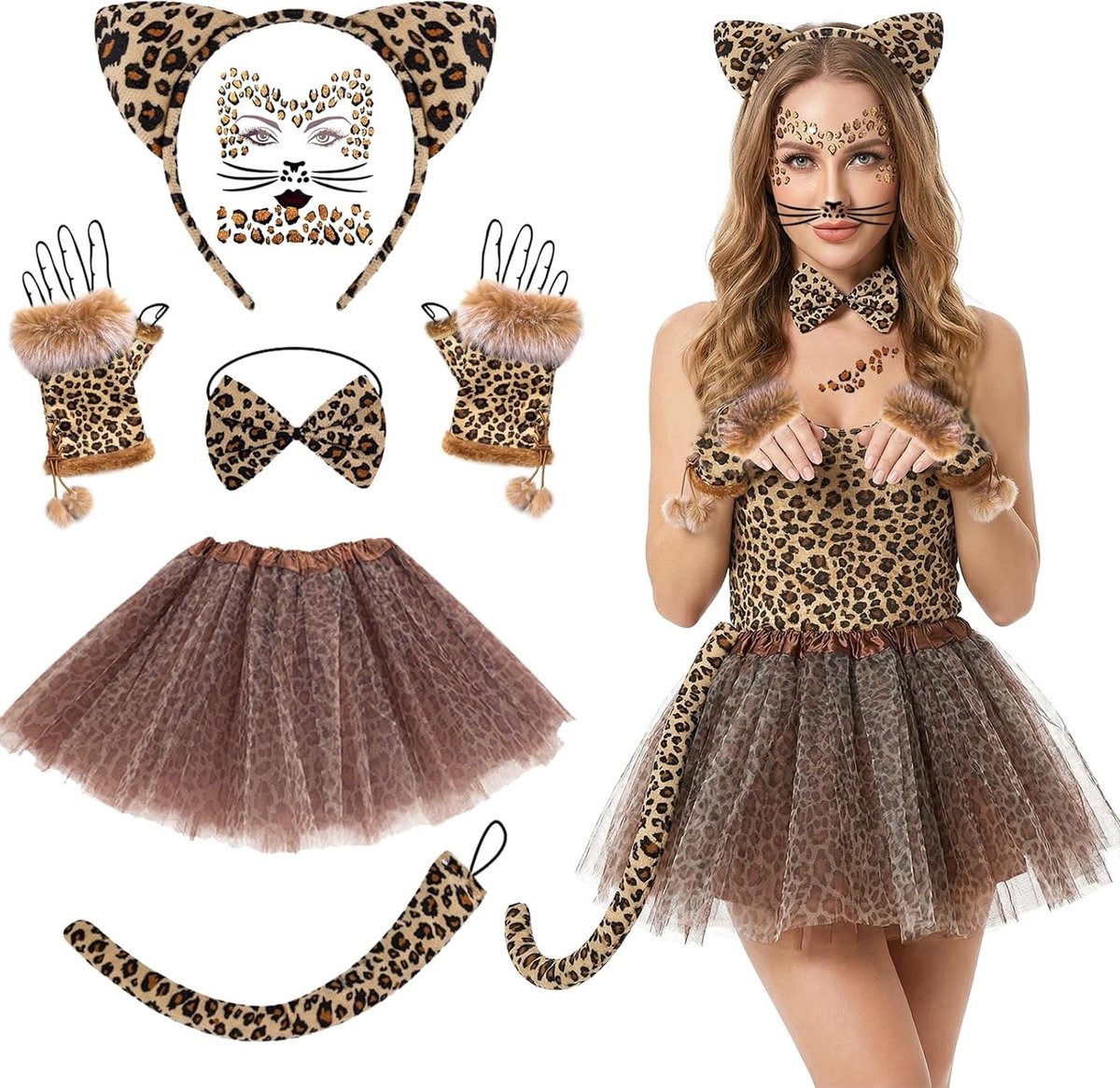 Leopard Kostuum voor Dames en Meisjes met Hoofdband, Staart en Tatoeages voor Halloween en Carnaval Feestjes