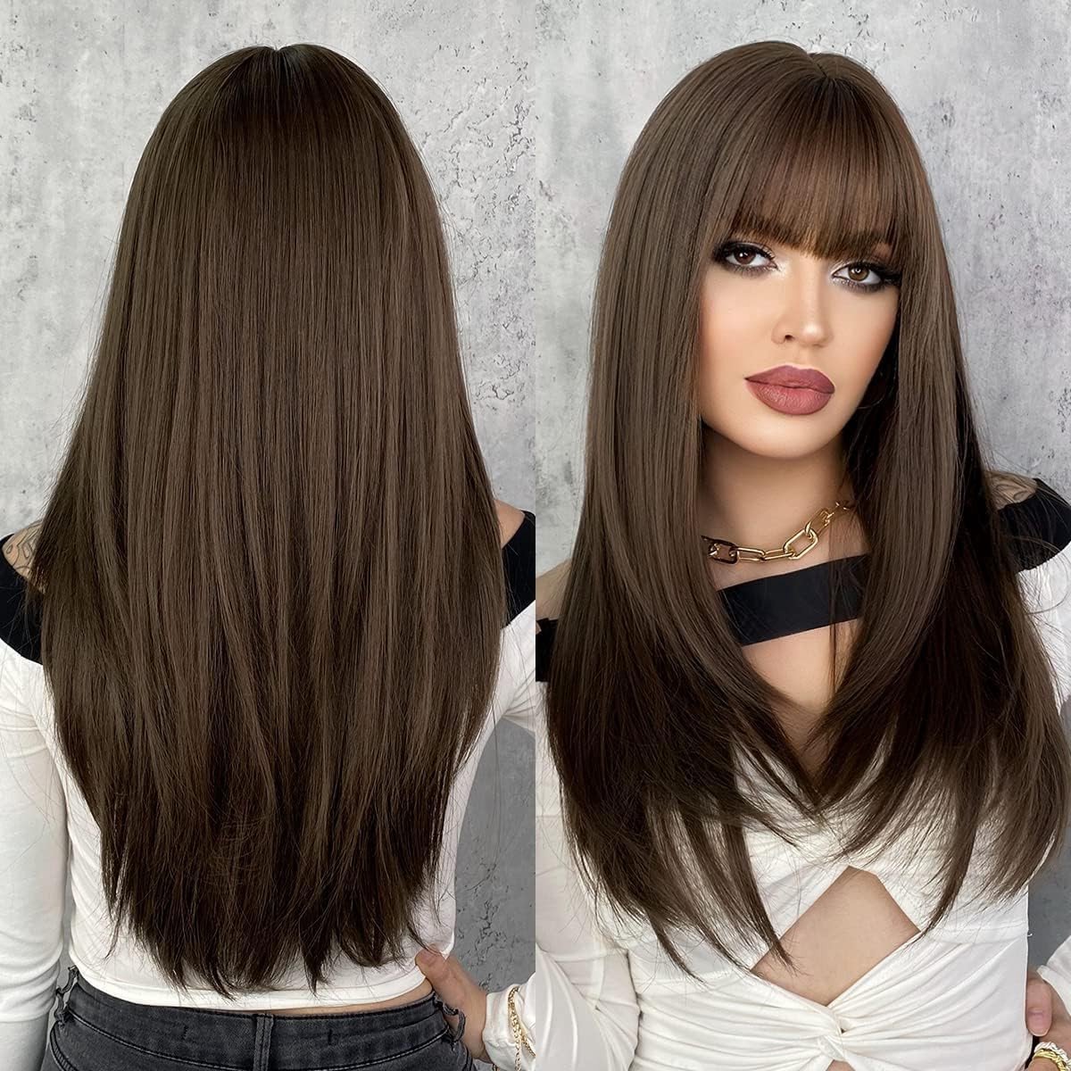 Lang Rechte Gladde Cosplay Perucen Donkerbruin met Pony voor Vrouwen, Natuurlijke Synthetische Haar voor Carnaval, Halloween en Feestkleding, 70cm