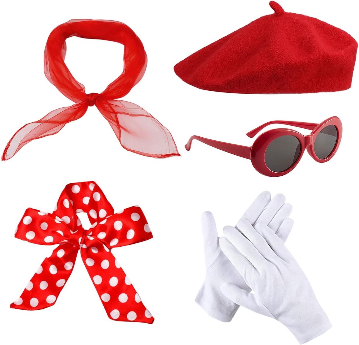 5-delig Set Franse Vrouwen Kostuum Accessoires voor 50s Retro Feest, Vintage Outfit, Cosplay Party Benodigdheden en Mode Accessoires