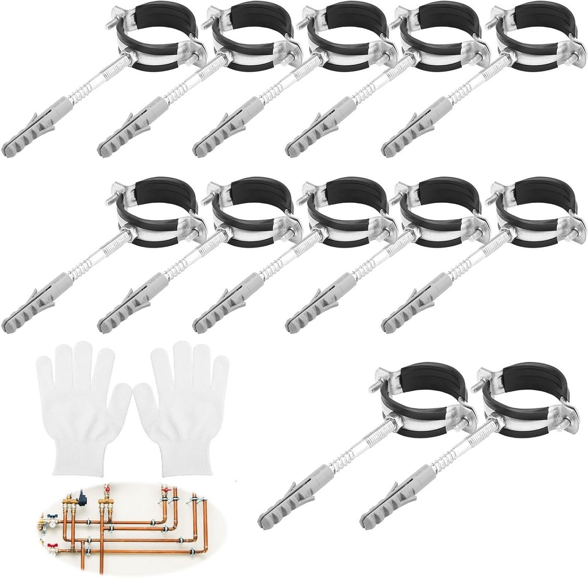 Complete set van 12 buisklemmen van 50 mm met schroeven, pluggen en rubberen inzetstukken voor water- en ventilatiebuizen, inclusief werkhandschoenen