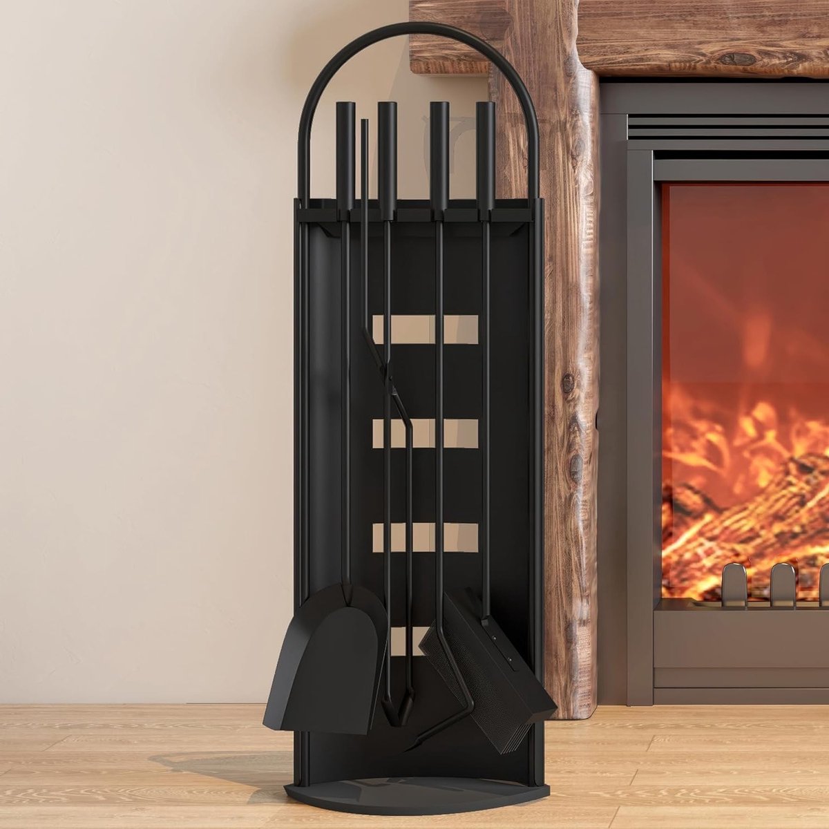 Complete 5-delige Haard Gereedschap Set voor Houtkachels - Efficiënte Accessoires voor Haardonderhoud, Zwart, 22x16x66cm