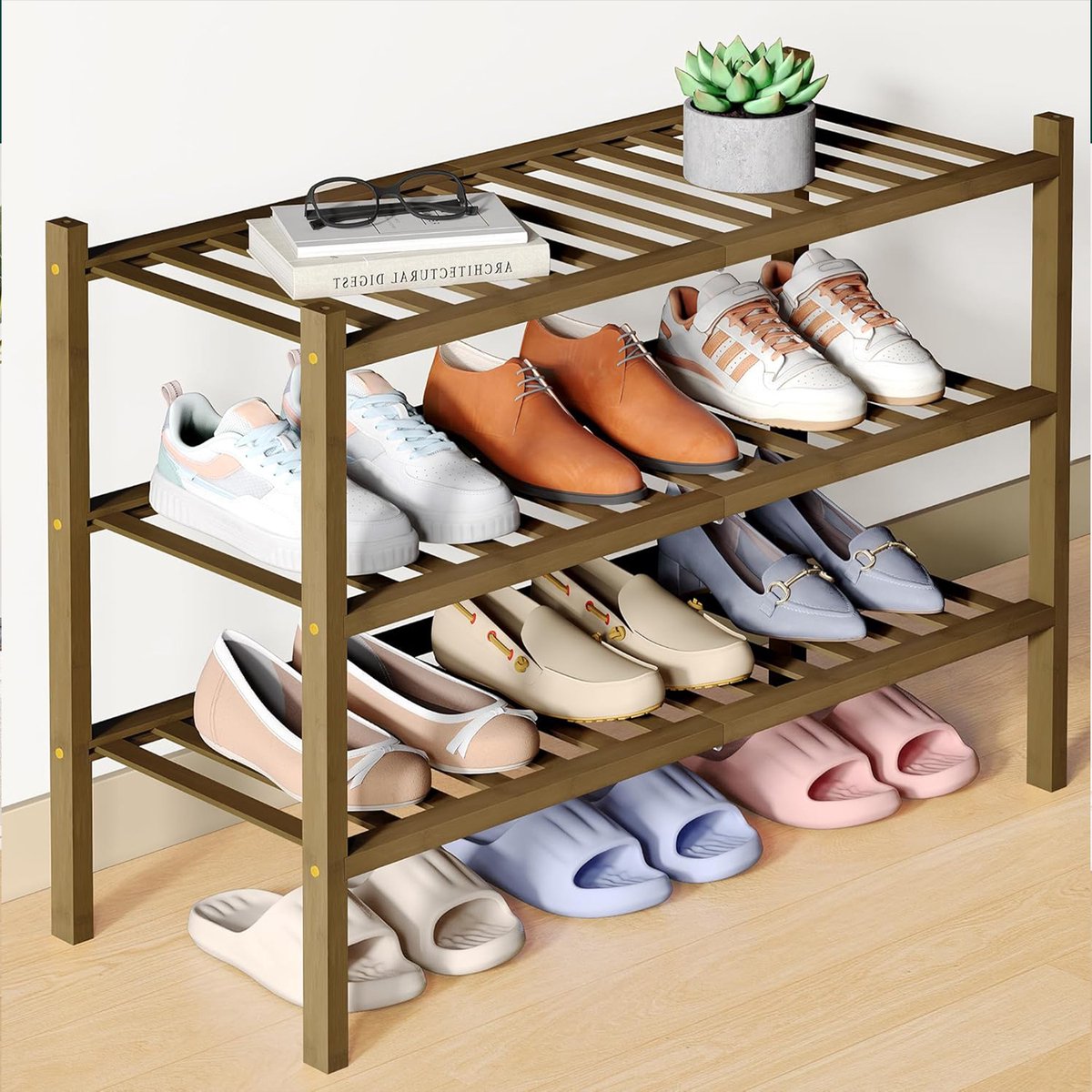 Homaxy Schoenenrek (3 niveaus) - Bamboe Schoenenrek - Houten Schoenenkast -Schoenenrek hout - 68x28x46.5cm - Walnoothoutkleur