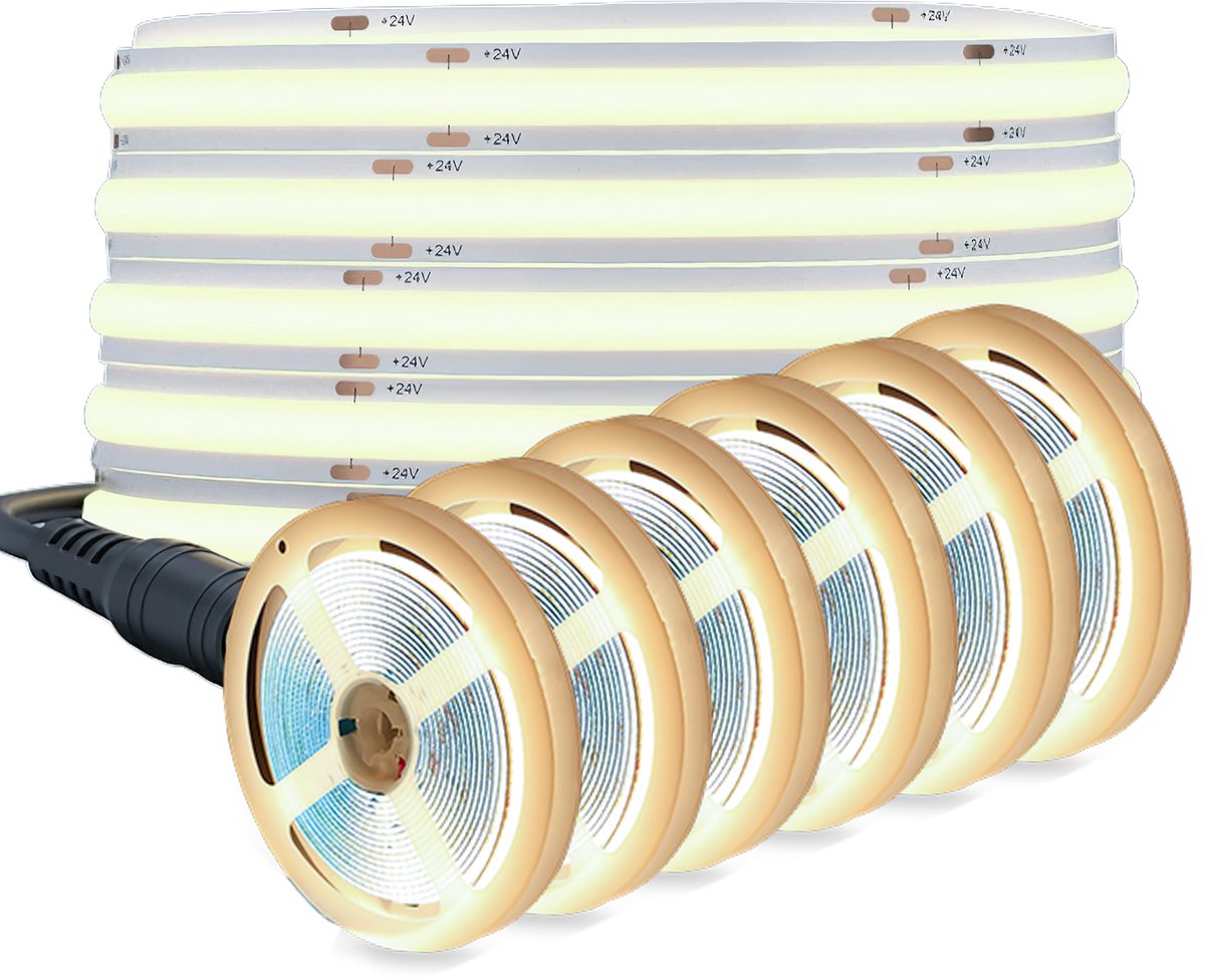 Oraymin COB LED Strip - Set van 6 - 2M - Warm Wit 3000K - 24V - Dimbaar - Flexibel - (Alleen strip)