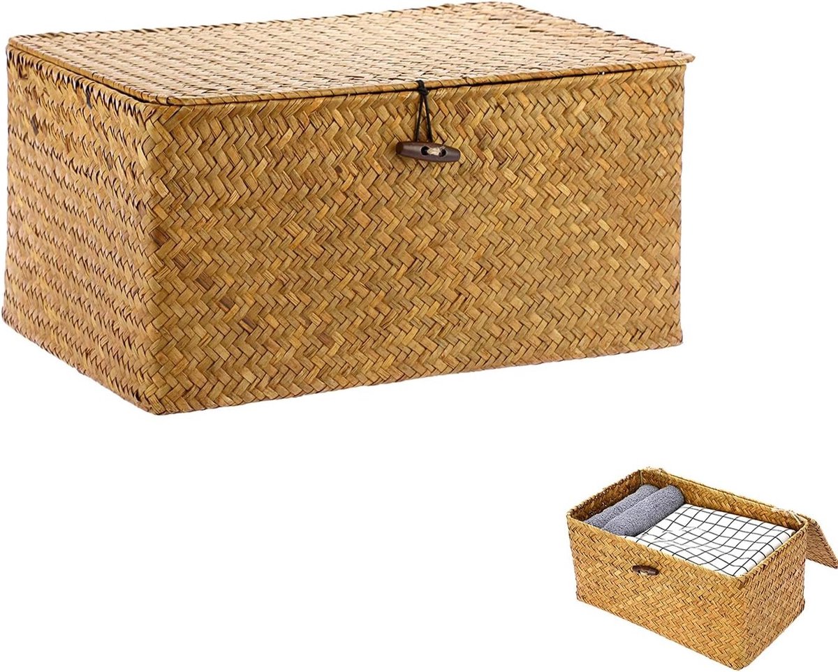Handgeweven opbergmand van zeegras met deksel, rieten mand voor speelgoed en kleding, multifunctionele opslagoplossing voor thuis (M, Oranje)