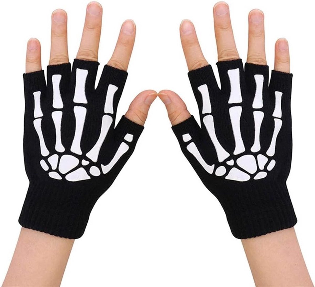 Halloween Skelet Halfvinger Handschoenen voor Unisex - Skellet Fingerless Gebreide Winterhandschoenen, Handwarmers en Kostuumaccessoires, Zwart, One Size