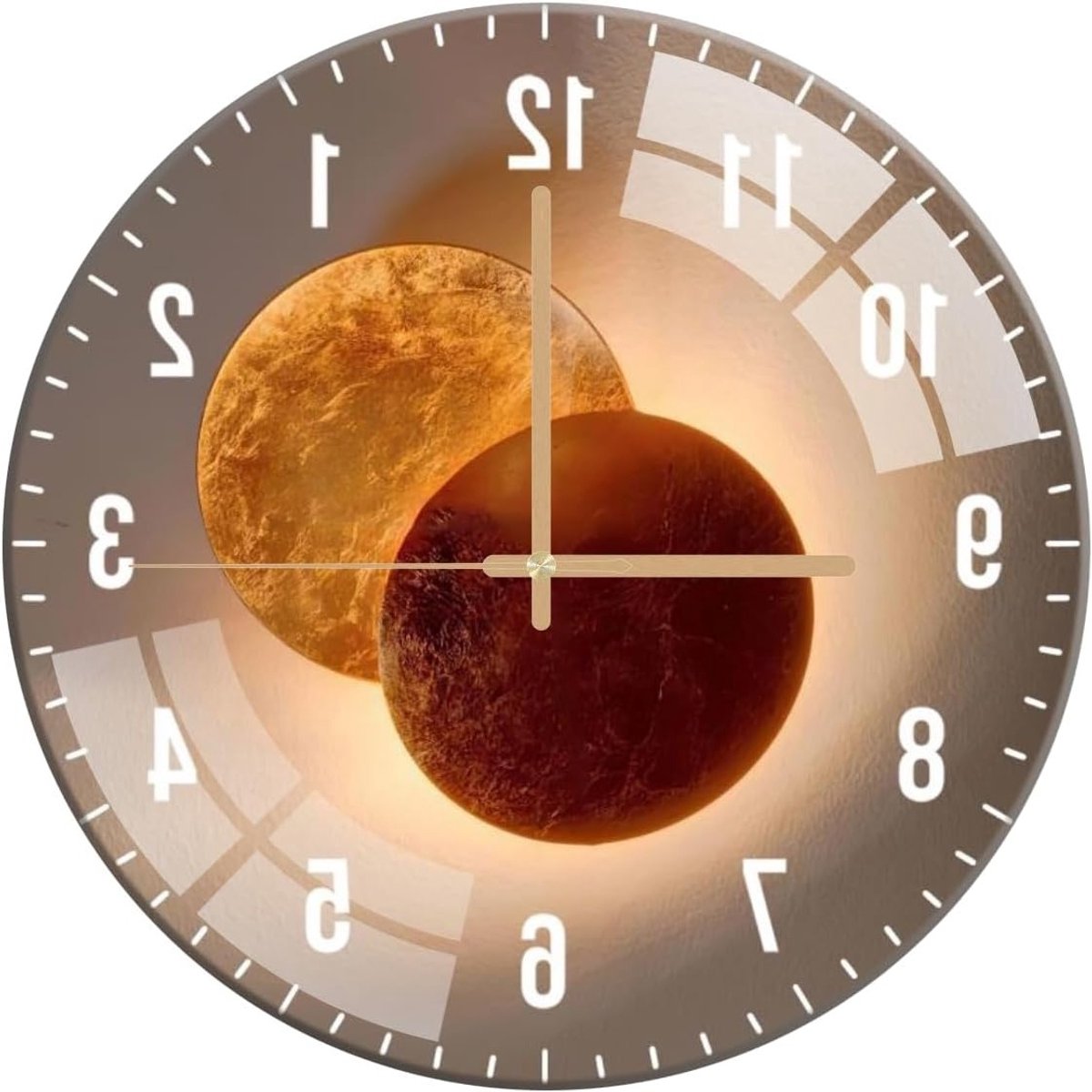 Stille Wandklok 30 cm Rond voor Woonkamer, Slaapkamer, Hal en Kantoor - Modern Design in Venus Goud met Sunset Thema