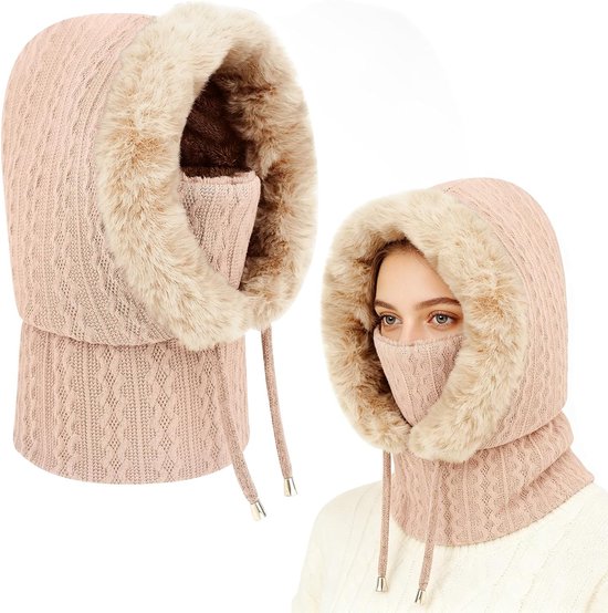 Vrouwelijke Winter Balaclava met Kap en Sjaal - Thermisch Ski Masker met Nekwarmer voor Sport en Buitenactiviteiten, Gebreide Wol Hoed