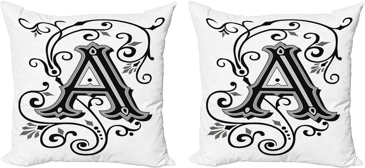 ABAKUHAUS Decoratieve kussenhoes met de letter A, 2 stuks, abstracte beginletter, 40x40 cm, zwart, wit, grijs