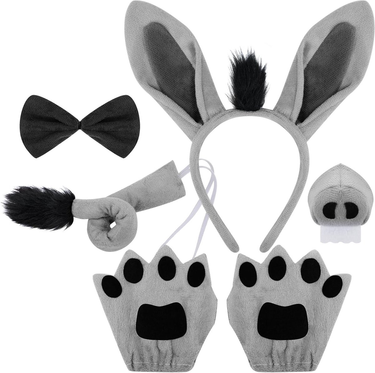 Complete set van 6 delen voor een ezel kostuum met oren, staart, neus, haarband en handschoenen voor kinderen en volwassenen