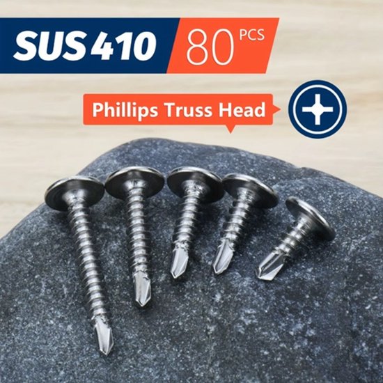 Cinq vis en acier inoxydable à tête truss Philips sur un rocher.