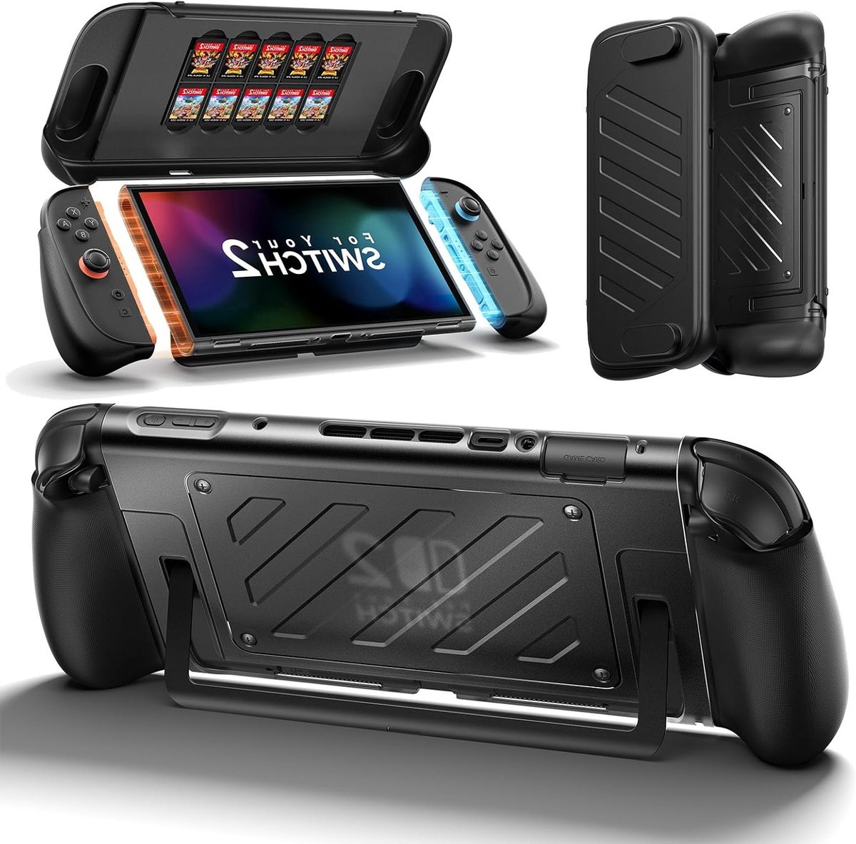 Beschermende hoes voor Nintendo Switch 2, TPU middenframe, PC frontpaneel, ergonomische handgreep, ruimte voor 10 speelkaarten, schokbestendig en krasbestendig met standaardfunctie