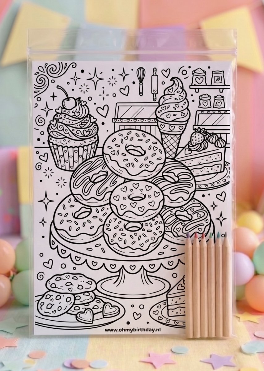 Knutsel Traktatie - 10 stuks - Thema: Donut / Snoep - Merk: Ohmybirthday - 1 x Luxe Kleurplaat & 6 x Kleurpotloden - Verjaardag Traktatie / Uitdeelcadeau / Trakteren - Luxe Set & Hoge Kwaliteit - Knutselpakket - Kleuren, Tekenen & Knutselen