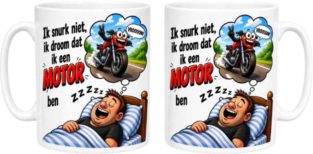 Bedrukte beker - mok - motor - rijder - spreuk Ik snurk niet maar ik droom