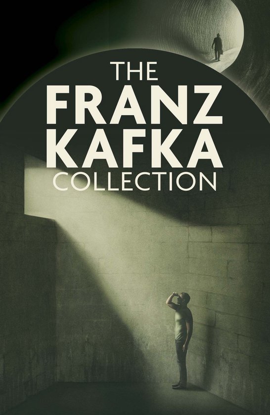 De omslag van 'The Franz Kafka Collection' toont een man die in een hoek staat, onder een lichtstraal. In de verte een andere figuur in een gang.