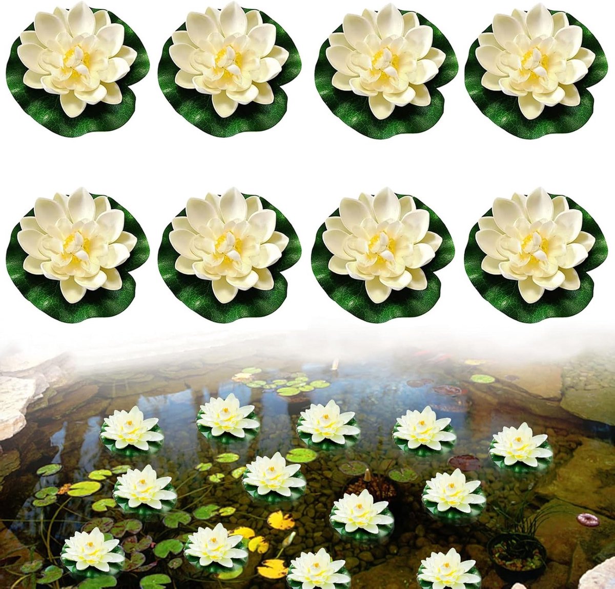 Allecto Plus - 8 stuks drijvende bloemen waterlelieplanten - decoratieve kunstbloemen voor vijver en tuin - witte lotus - drijvende vijverdecoratie - tuinterras decoratie