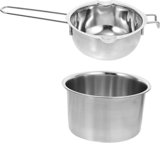 Roestvrijstalen smeltpan met steel, bovenste pan en onderste pan.