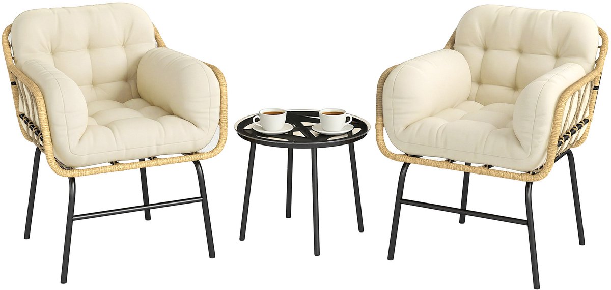 Outsunny Rattan Bistro Set - Geweven hars, metaal - 62 x 73 x 79 cm - Khaki