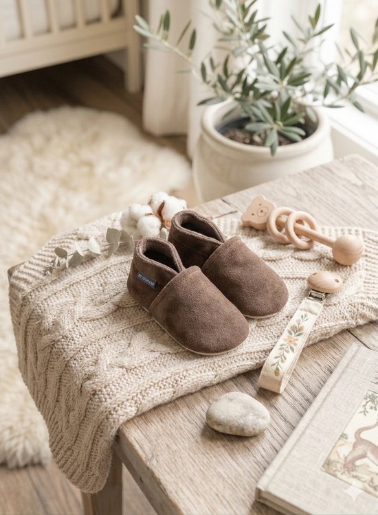Foto: Stabifoot babyslofjes zacht leer cadeaudoos linnen zakje barefoot taupe 12 18