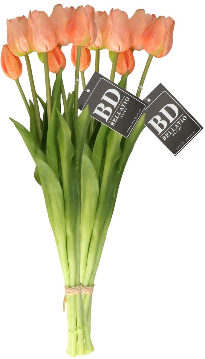 Bellatio Design Kunst tulpen boeket Sally - 14x stuks - zalm kleur - real touch - 47 cm Oudroze