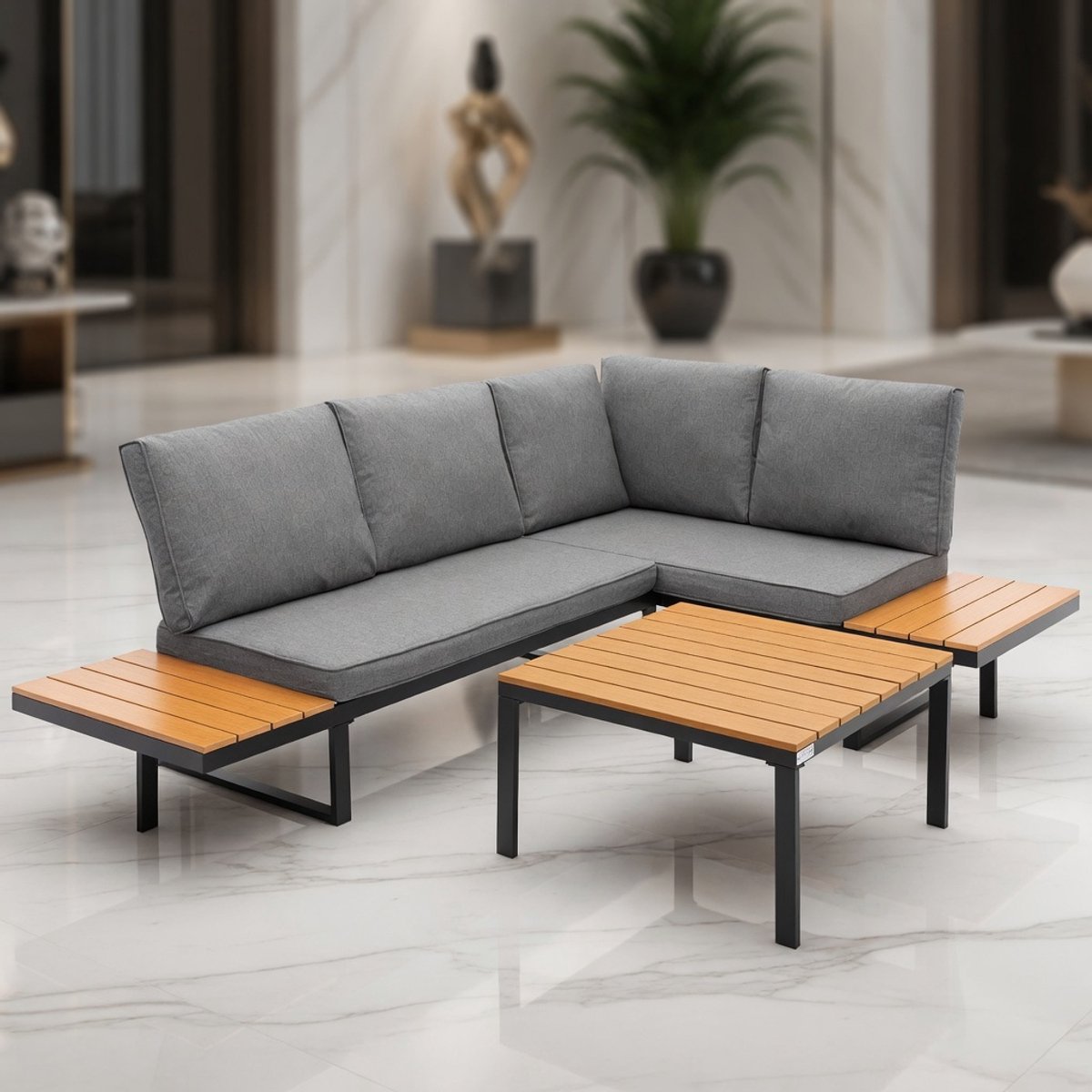 Luxe Hoek Loungeset Tuin – 3-delige Weerbestendige Tuinmeubelset met Tafel en Kussens – Moderne Balkon & Terras Lounge Set in Zwart/Grijs Houtlook – Flexibel Modulair Design – Comfort Outdoor Zitgroep MedaHomeStore