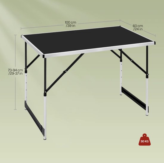 RosaBloom campingtafel - Klaptafel - Vouwtafel - Picknicktafel - BBQ Tafel - Verstelbaar - Aluminium - 100x60x73-94 cm - Zwart — afbeelding 5
