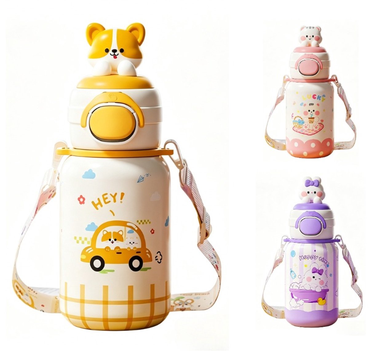 316 RVS Kinder Thermosfles & Kinderdrinkfles met Rietje en Drinktuit - 500ml Lekvrije Schoolbeker voor Meisjes & Jongens - 12u Warm/Koud Isoleerfles - BPA-Vrij & Food Grade - Ideaal Cadeau voor School, Sport & Onderweg - Met koord - Corgi Hond