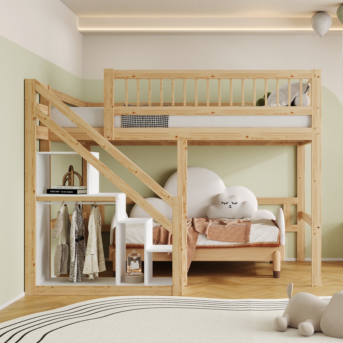 VVBV Massief Houten Hoogslaper 140x200 met Trap en Opbergruimte, Kinderbed & Tienerbed, Hoge Rand, Naturel