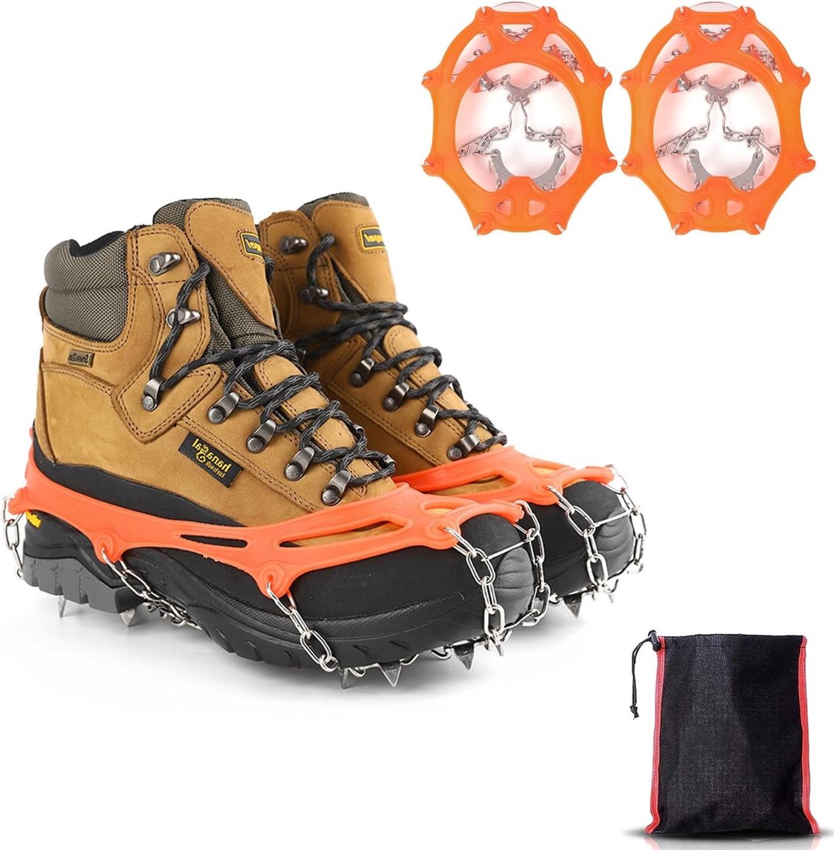 Dikke RVS Schoenklauwen met Spikes voor Sneeuwschoenen, Wandelschoenen en Sportieve Schoenen - Ideaal voor IJs, Sneeuw en Modder (Oranje)