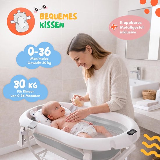 Moovke. Badkuip met frame 80cm grijs - opvouwbaar bad met thermometer en badkussen van Merkloos — afbeelding 4
