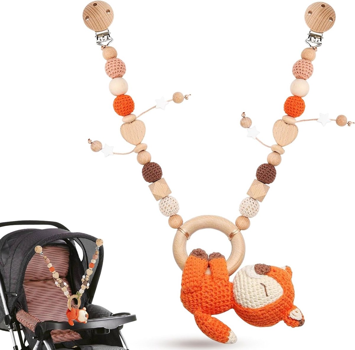 Houten Kinderwagenketting voor Meisjes en Jongens, Montessori Speelgoed, Baby Accessoires, Mobiele Kinderwagen, Speelgoed voor Babyzitje, Vos Design