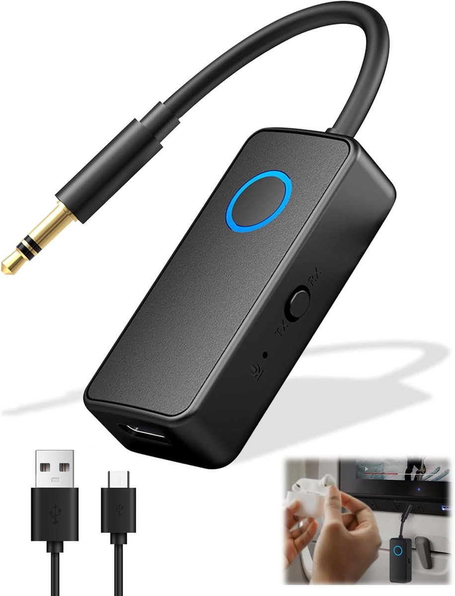 carmdering - Bluetooth Ontvanger & Bluetooth Zender -2-in-1 Bluetooth 5.4 Audio Transmitter en Receiver – Zender en ontvanger - Draadloze Adapter met 3.5mm Jack AUX - Voor Auto, TV en Speakers - zwart