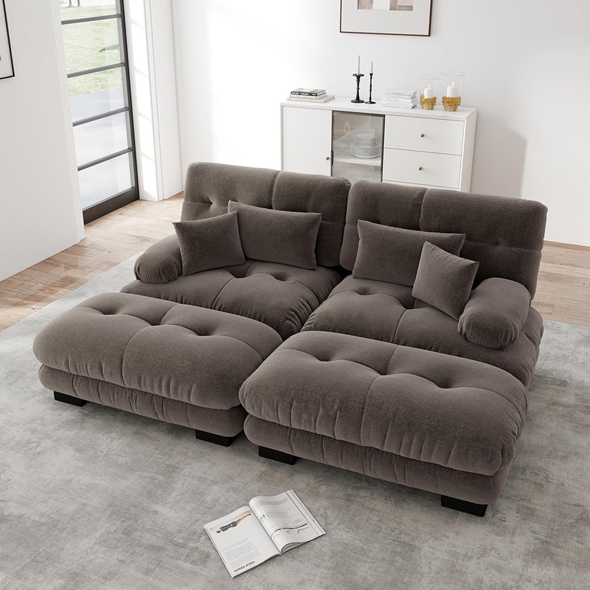 Komhtom Cloud-hoekbank voor de woonkamer, tweezitsbank van chenille met 2 rugkussens en 2 sierkussens, gestoffeerde bank met brede armleuningen en 2 chaise longues, bruine chenille
