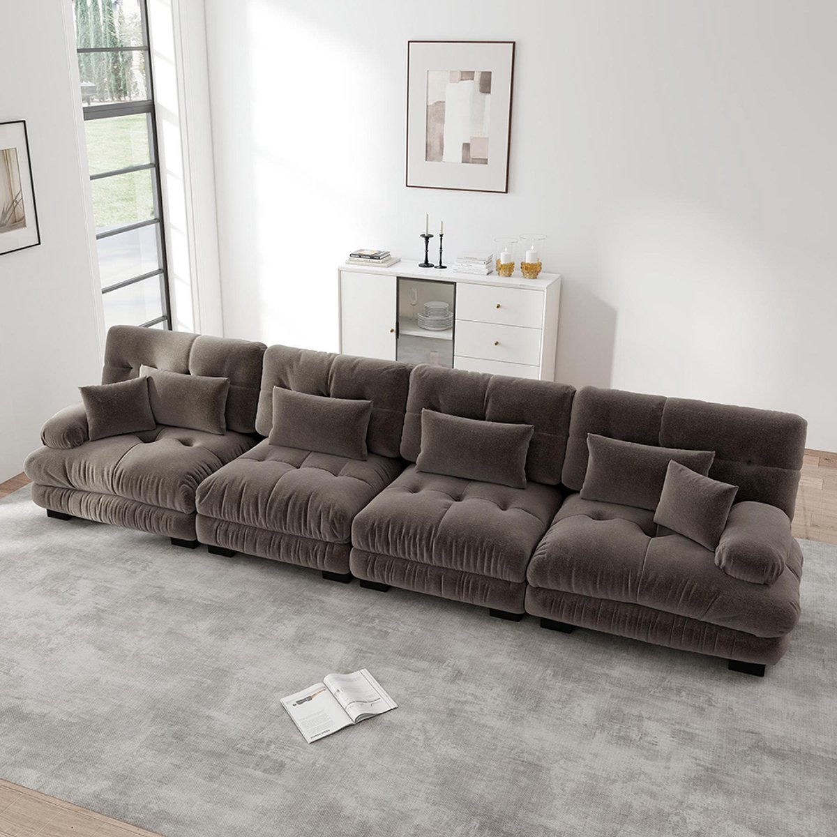 Komhtom Modulaire hoekbank voor 4 personen met diepe zitting, comfortabele en goed gevulde slaapbank van chenille voor de woonkamer, appartement, studio of kantoor, bruine chenille