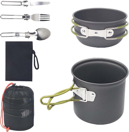 Draagbare Kookset voor Kamperen voor 1-2 Personen, Lichtgewicht Aluminium Pannen en Bestek, Ideaal voor Buiten, Reizen en Wandelen
