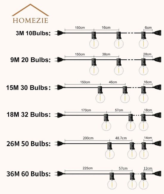 Homezie Lichtsnoer 36 meter met 60 LED bulbs | IP44 Spatwaterdicht | Warm wit | Koppelbaar & Dimbaar | Tuinverlichting | Prikkabel