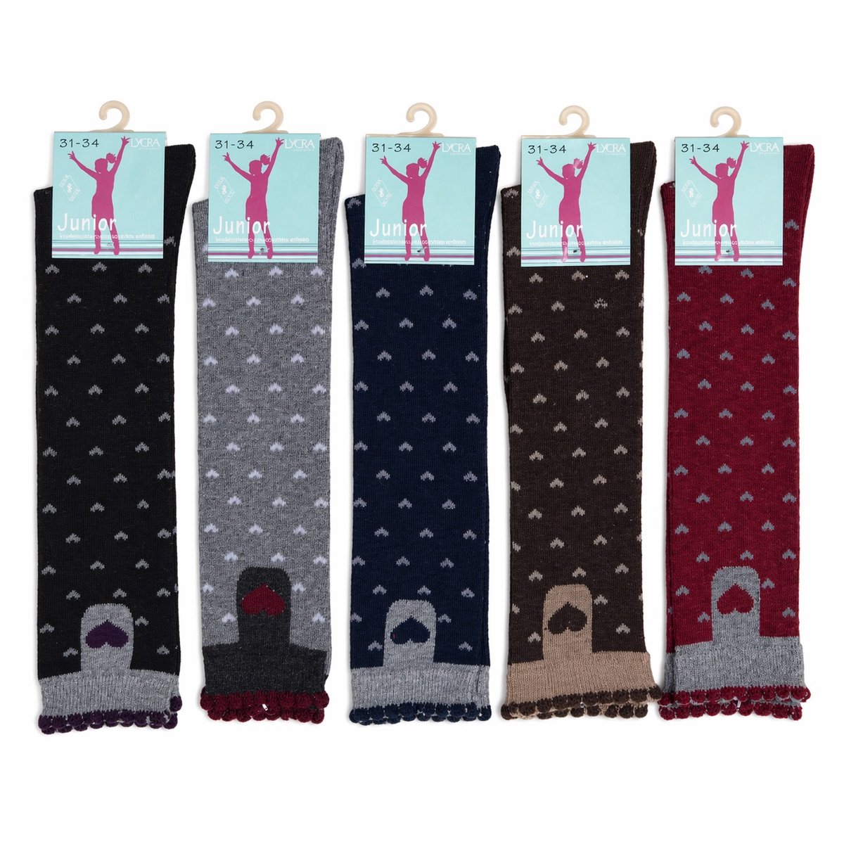 Junior - 90% coton + 5% polyamide + 5% élasthanne - niet naadloos -mi bas junior fantasie - 5 paar - zwart - grijs - marineblauw - bruin - rood - maat 35/38