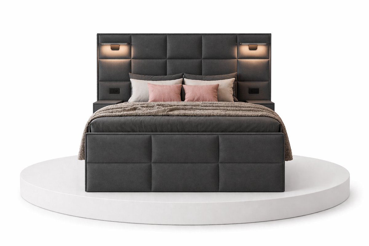 Boxspring Veloura - 180x200 Compleet - Met nachtkastjes - Antraciet - Ledjes & Stopcontacten - BalBedden thumbnail 2