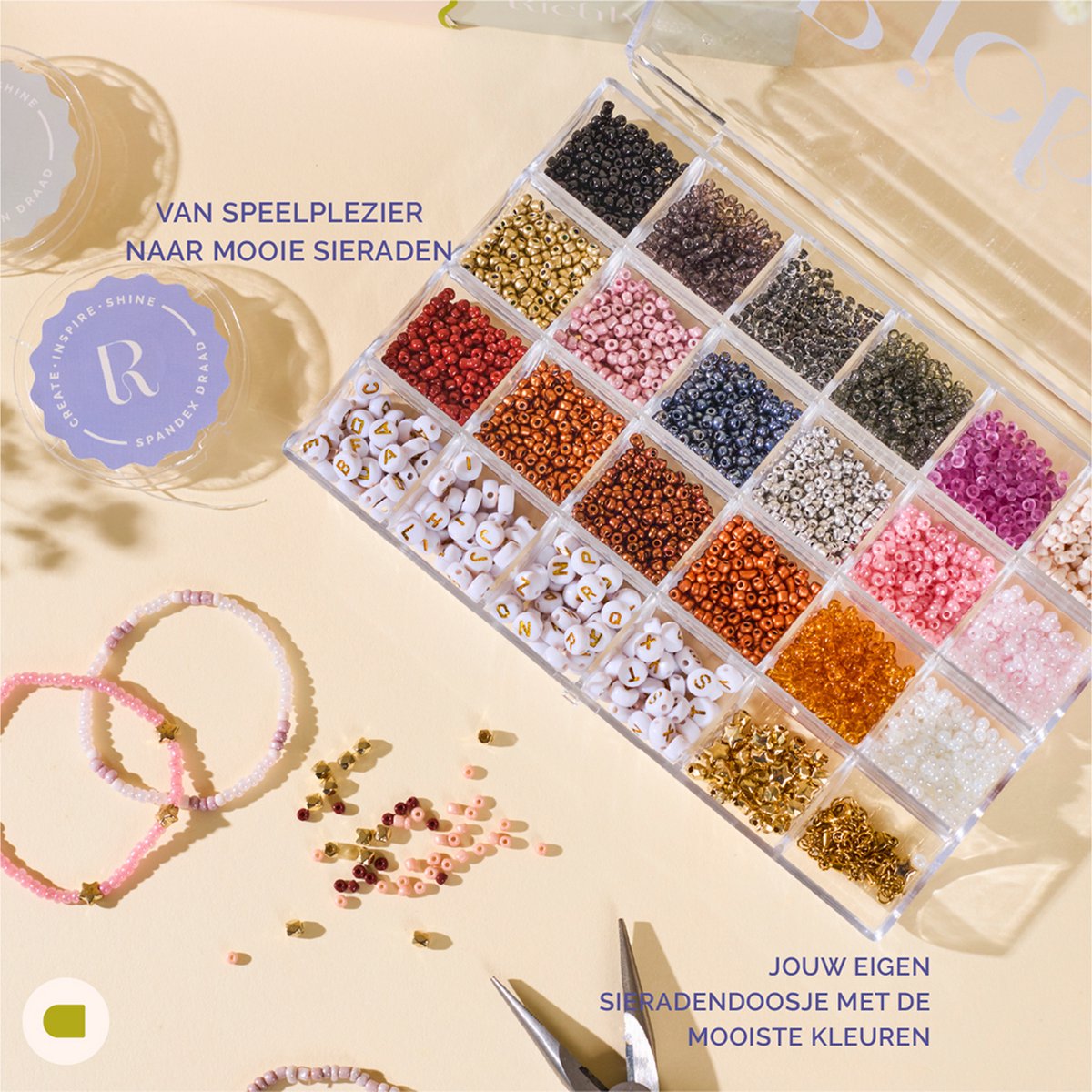 Richly® Kralen set Luxe - gratis E-BOOK & Instructieboekje - Complete set & Premium verpakking - 4500+ kralen - 6 Bedels & Gouden RVS-accessoires - Armbandjes maken meisjes - Sieraden Maken - Goud & Herfstkleuren - Letterkralen - Kralenketting — afbeelding 6