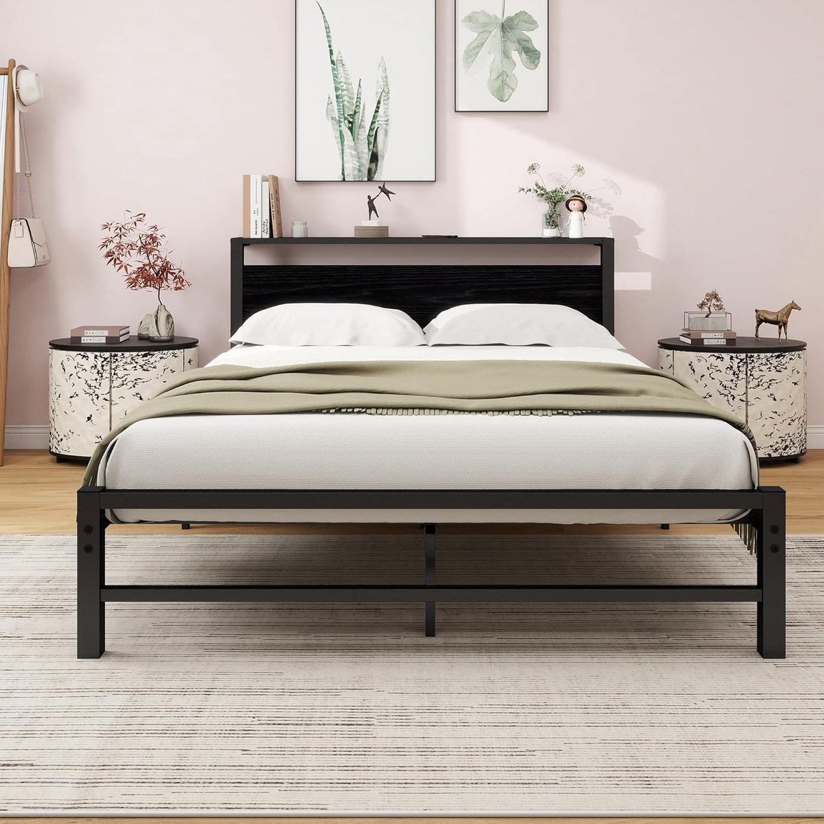 Metalen Bedframe met Houten Hoofdbord 140x200 cm – Stevig Stalen Bed met Lattenbodem, Modern Design, Squeak Resistant, Zwart