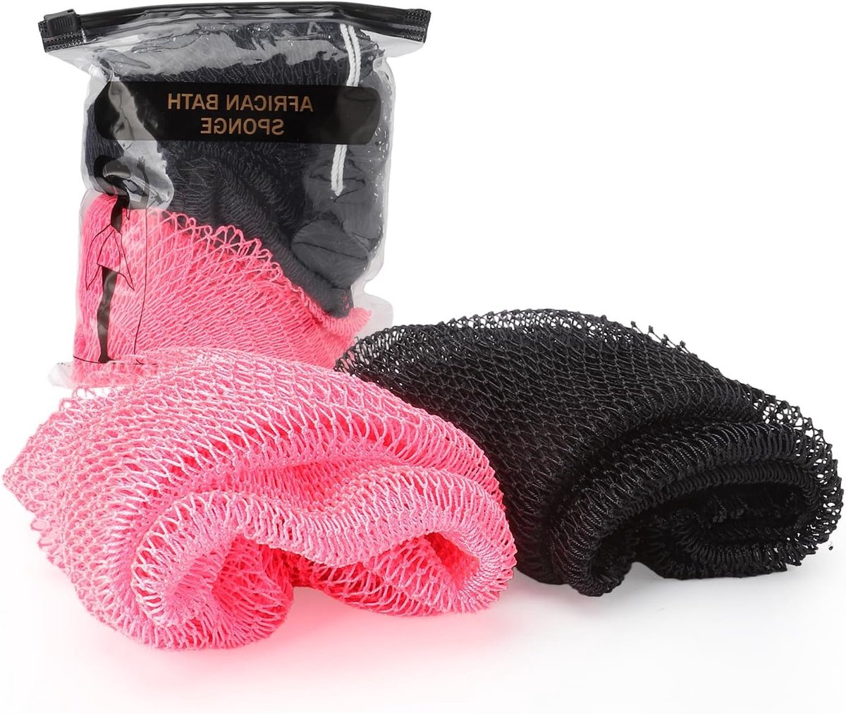 Set van 2 Afrikaanse Net Sponsen voor Douche, Sneldrogende Peelingspons, Lichaamsreiniging en Exfoliatie voor Mannen en Vrouwen, Zwart en Roze