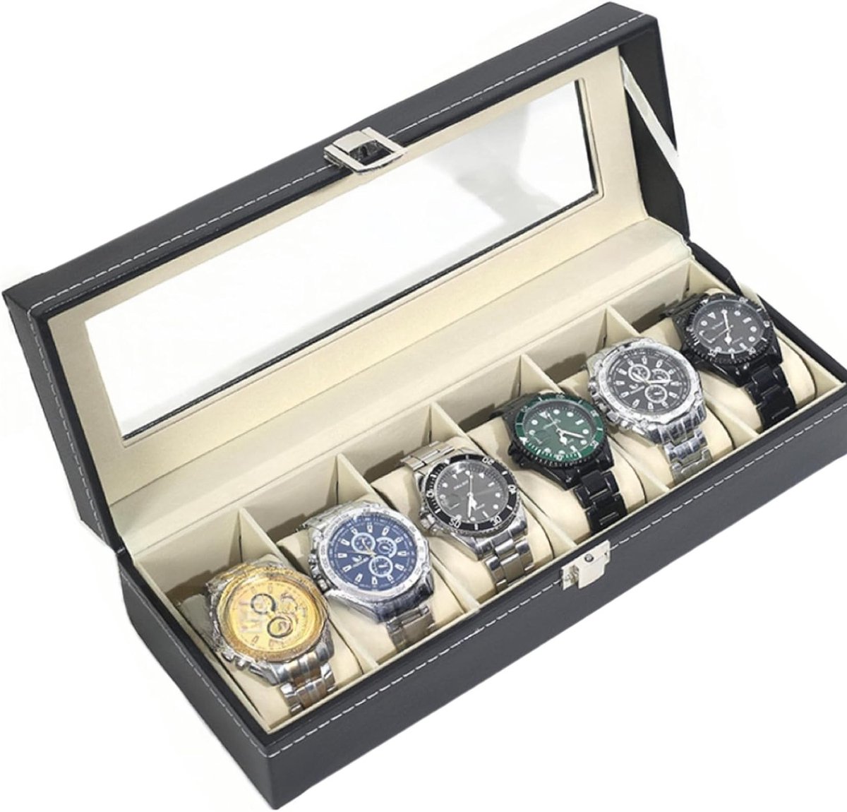 Horloge box met 6 vakken, glazen deksel, verwijderbare kussens, metalen sluiting, cadeau-idee, zwart kunstleer, horloge opbergen, luxe horlogeopbergdoos, stijlvolle accessoires